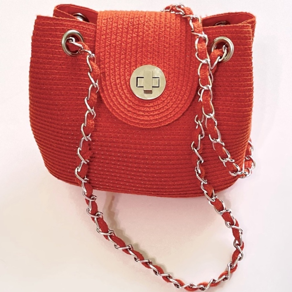 Kim Rogers Orange Woven Paper Straw Shoulder Bag Crossbody Silver Chain Straps